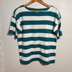 NWT J Jill 100% Cotton Large Striped Boxy Tee sz S Green Ivory Coastal Minimalis